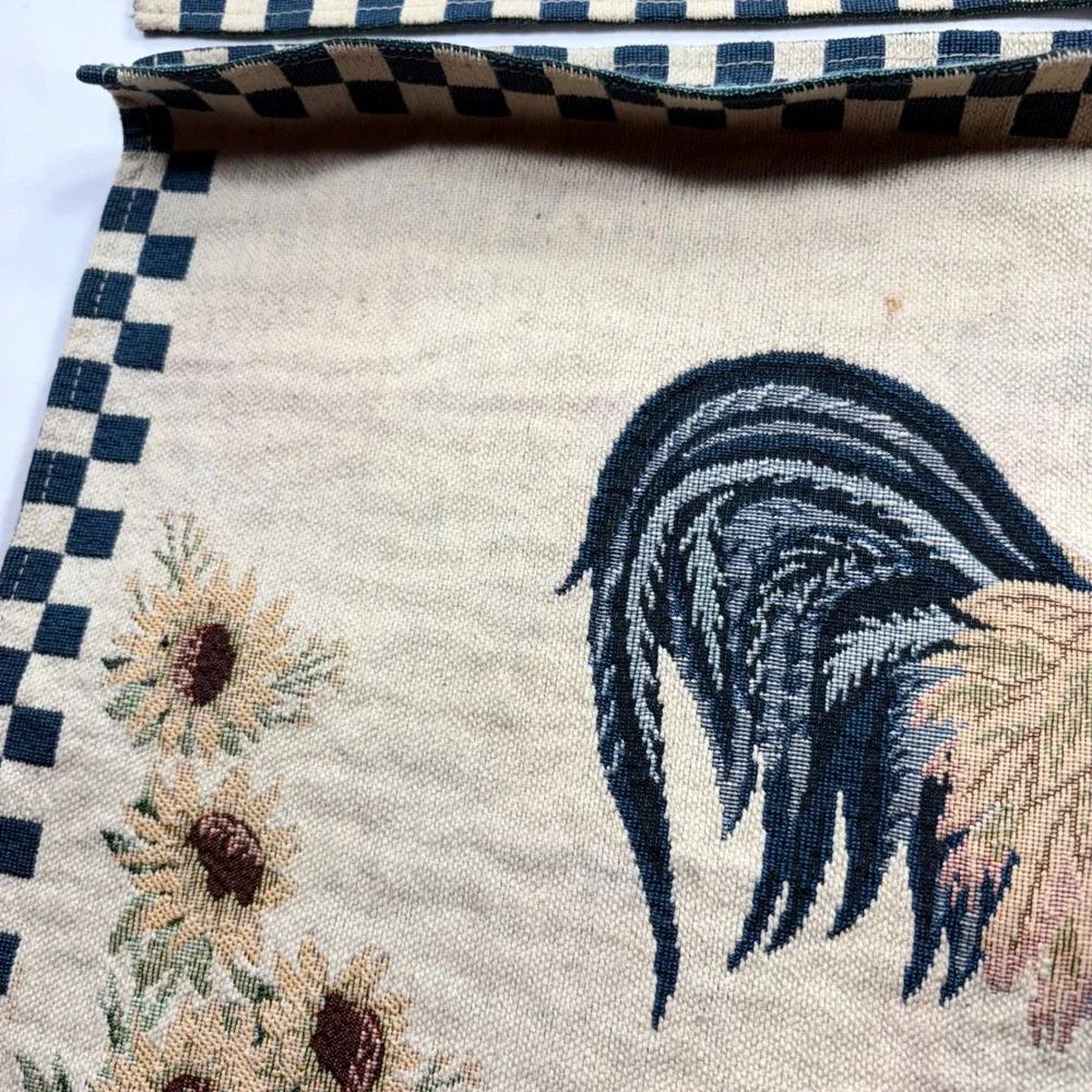 Vintage Rooster Woven Tapestry Placemats Set of 4 Farmhouse Sunflower Navy Blue